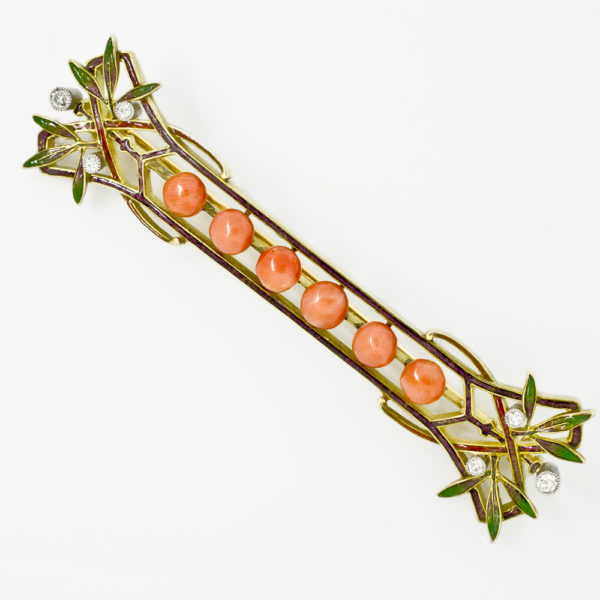 P261-Art Nouveau-Coral-Enamel-Dia-Brooch