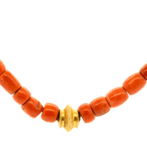 N621-Coral Oval Beads-4 Gold Beads-Necklace