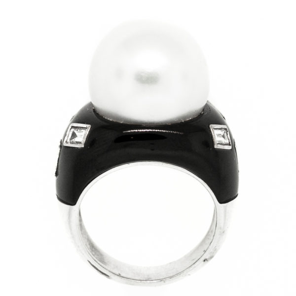 R1753-3-Pearl-Diamond-Black Enamel-Ring