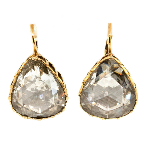 E144-2-7.60 cts-Pear Shape-Rose Cuts-Gold-Earrings