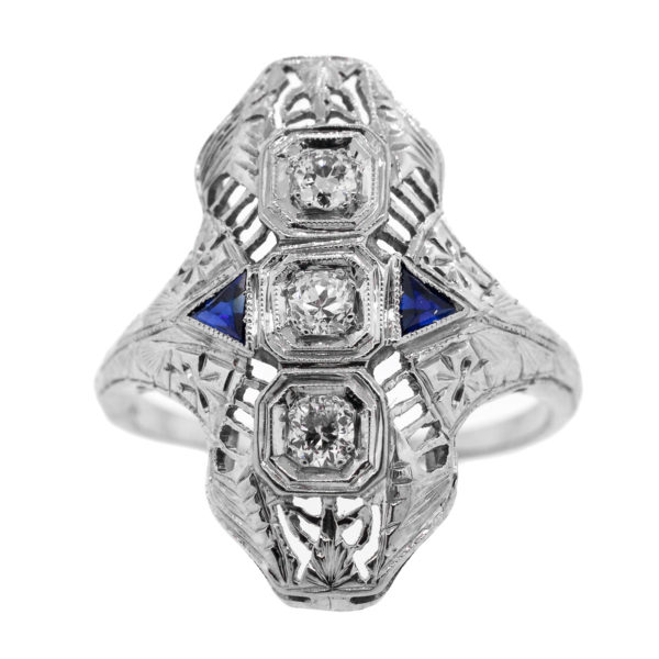 R2098-Filigree-North South-3 Stone Diamond-Sapphire