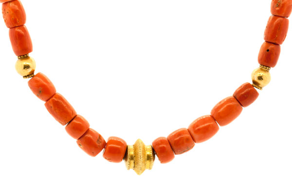 N621-Coral Oval Beads-4 Gold Beads-Necklace